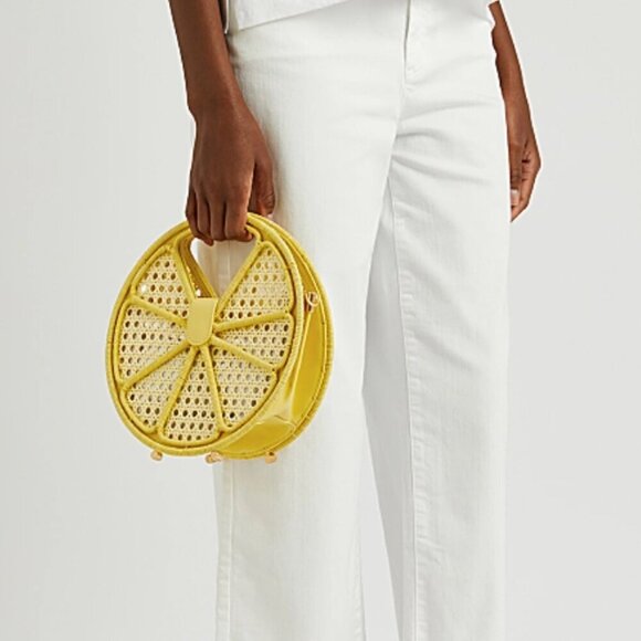 Kate Spade Lemon Drop Rattan Top-Handle Yellow Leather Crossbody Bag - Picture 6 of 11